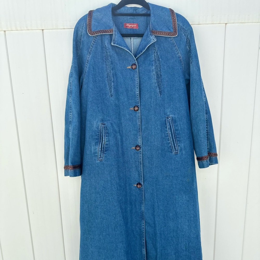 Long Blue Denim Coat with Brown Accents